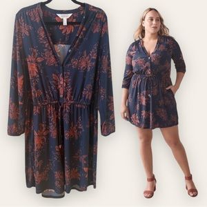 ADDITION ELLE - Long Sleeve, Drawstring, Mini Floral Navy Shirt Dress